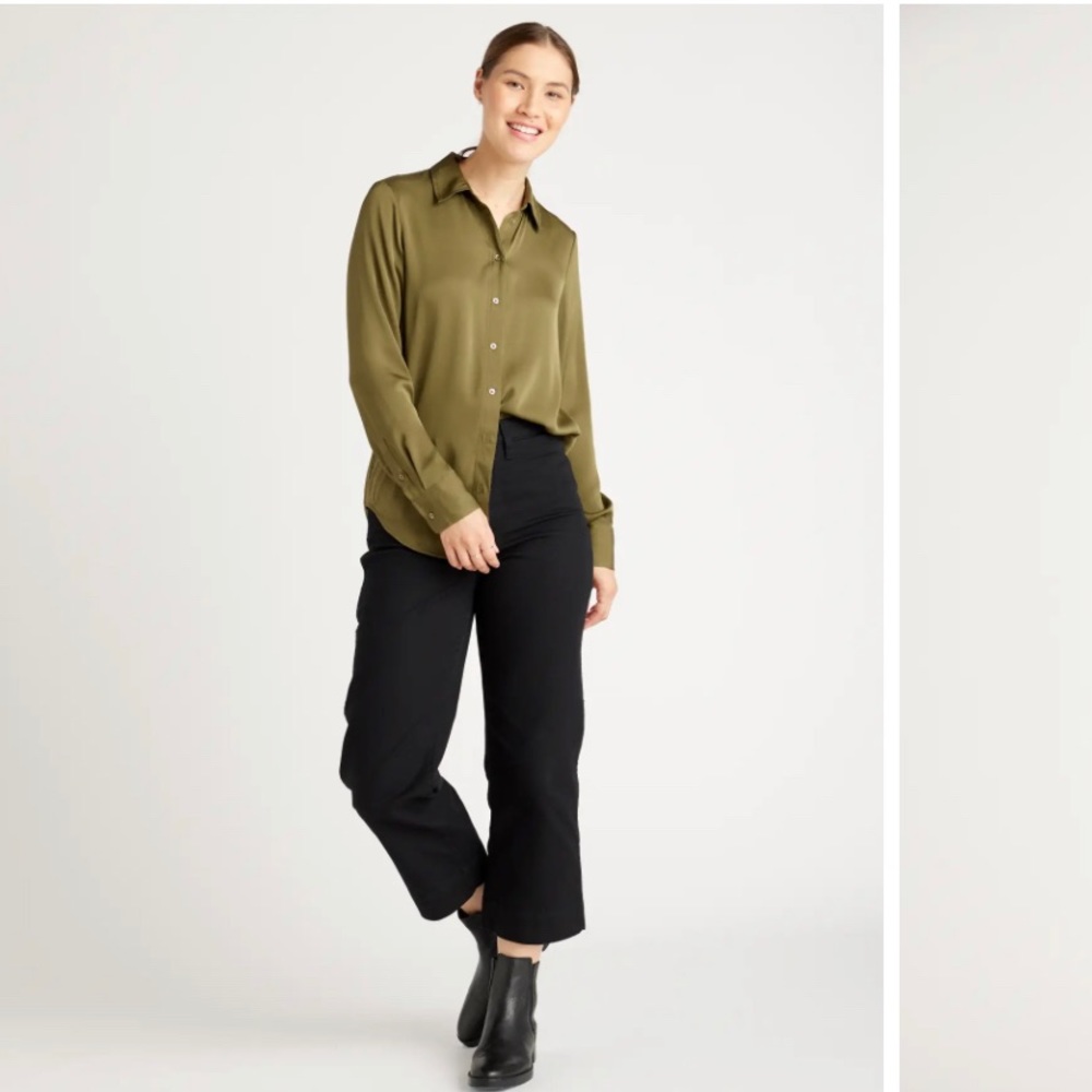 Olive Green silk shirt long sleeve button up size Large